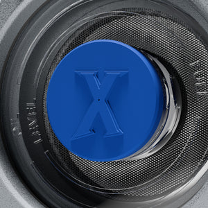 Close-up of a blue 'X' logo on a rubber vent plug