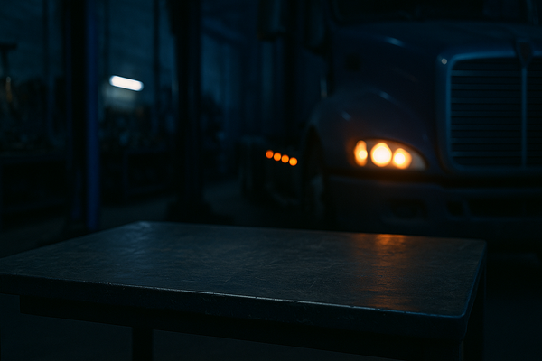 Truck with illuminated headlights in a dark diesel mechanic shop